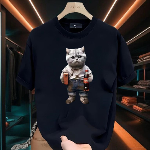 卡通工地猫今年很流行的印花短袖都市时尚痞帅T恤潮流圆领上衣男