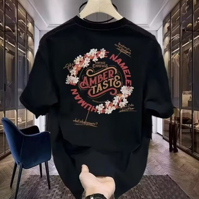 原创美式花朵印花短袖t恤男夏季潮牌潮流ins宽松高街黑色圆领衣服