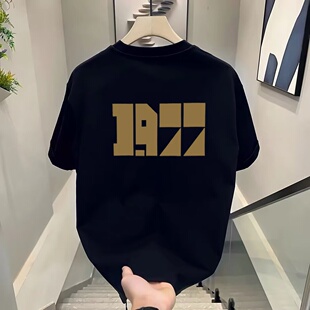 1977短袖男女网红夏季重磅纯棉打底衫情侣T恤ins潮牌纯色半袖上衣