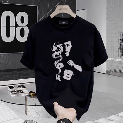 260g纯棉龙年限定T恤美式街头李小龙印花短袖美式复古小领口半袖