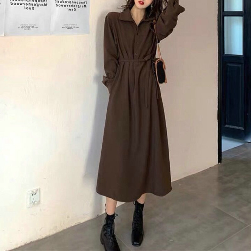 秋冬中长款连衣裙女2025系带复古宽松长袖大码厚过膝衬衫裙女百搭