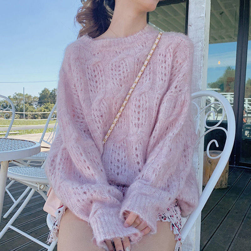 秋季甜美粉色毛衣女宽松慵懒风镂空马海毛针织衫圆领套头外穿超火