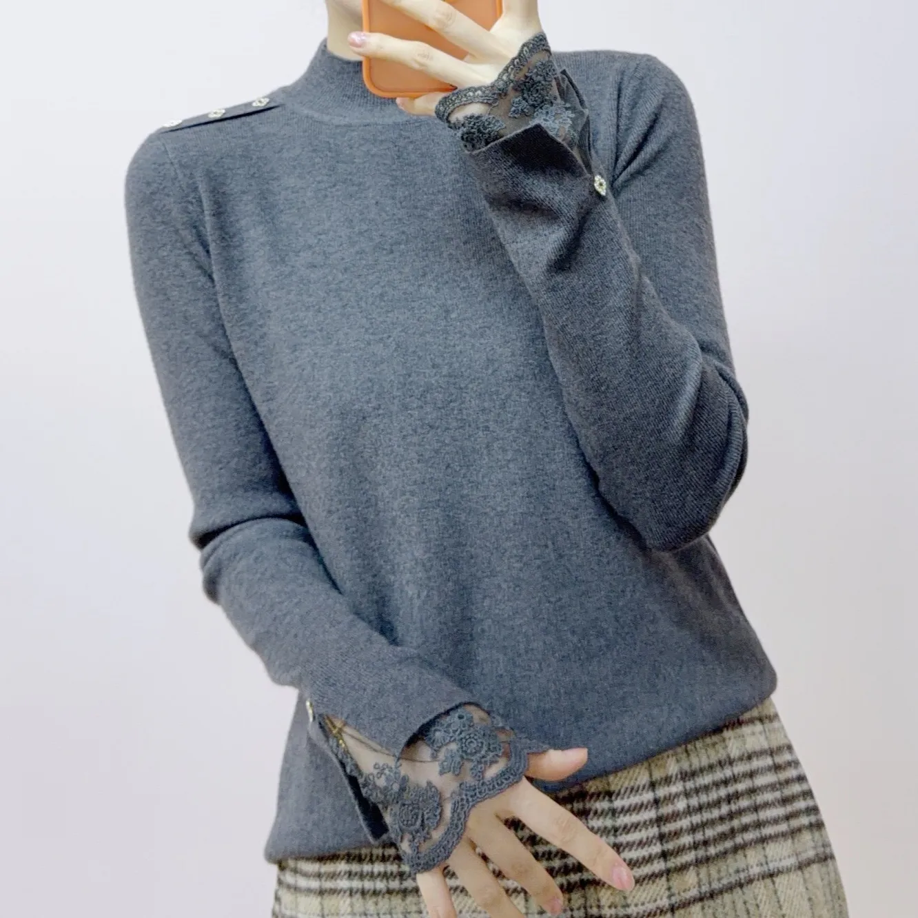 新款2025年秋季新时尚百搭舒适百搭休闲蕾丝拼接安迪绒针织衫毛衣