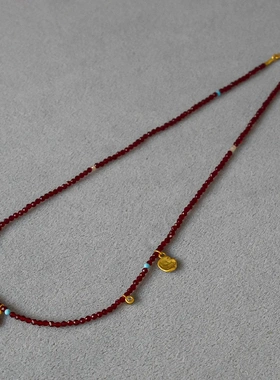 韩系小众酒红色串珠项链新中式跨年款小巧精致冬季极细串珠锁骨链