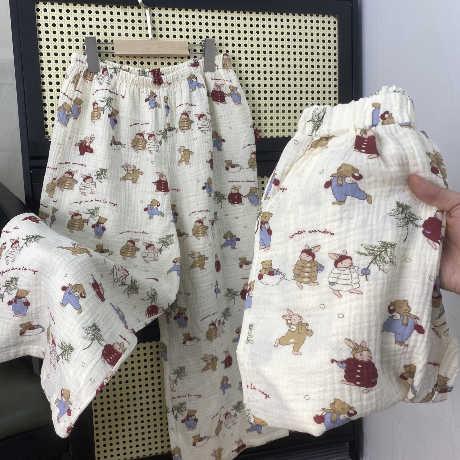 女款双层棉纱阔腿裤春夏女裤亲子装母女装同款大码宽松印花圣诞兔