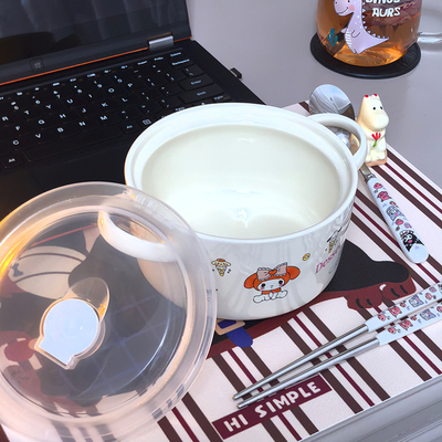 可爱卡通陶瓷泡面碗带盖大容量