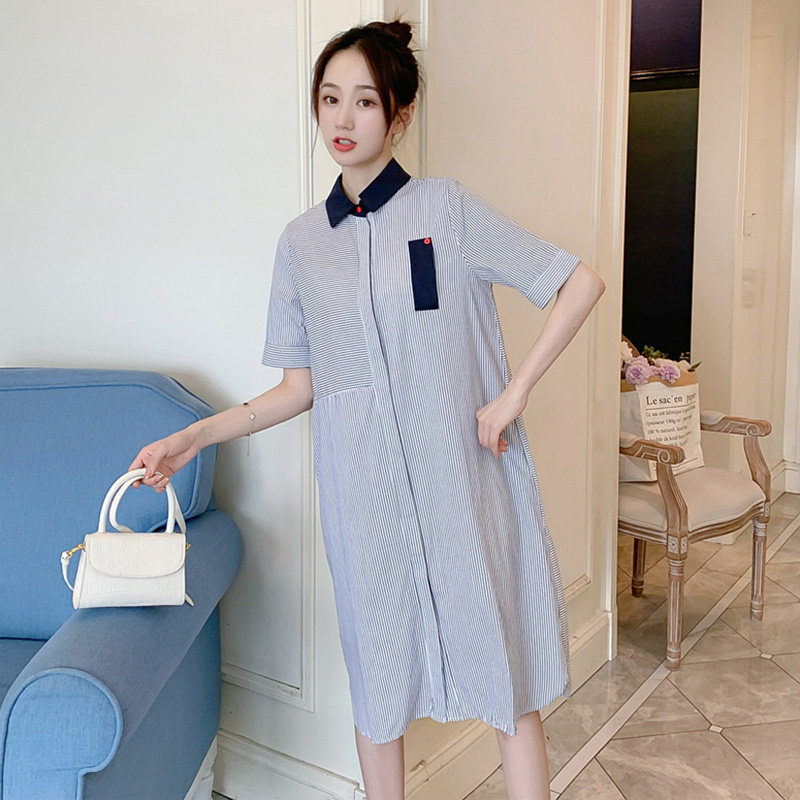 2024 MATERNITY SUMMER DRESS KOREAN VERSION NEW FASHION SHIRT TIDE MOM STRIPED LOOSE MIDI SHIRT DRESS TIDE