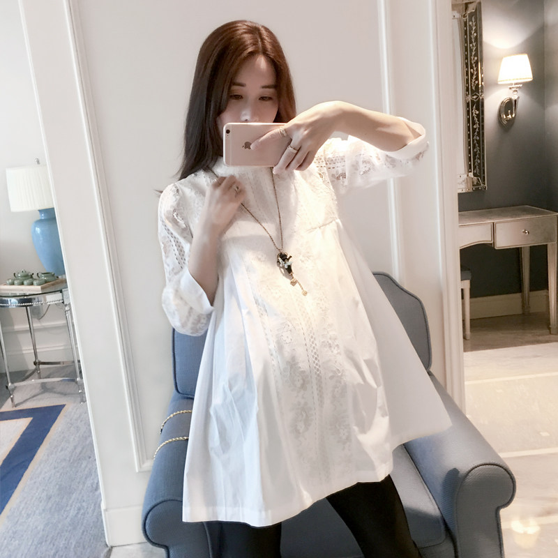 2024 MATERNITY SUMMER CLOTHES EMBROIDERED SHIRT CROPPED SLEEVE KOREAN VERSION DOLL PREGNANT WOMAN CASUAL COTTON SHIRT BASE LAYER
