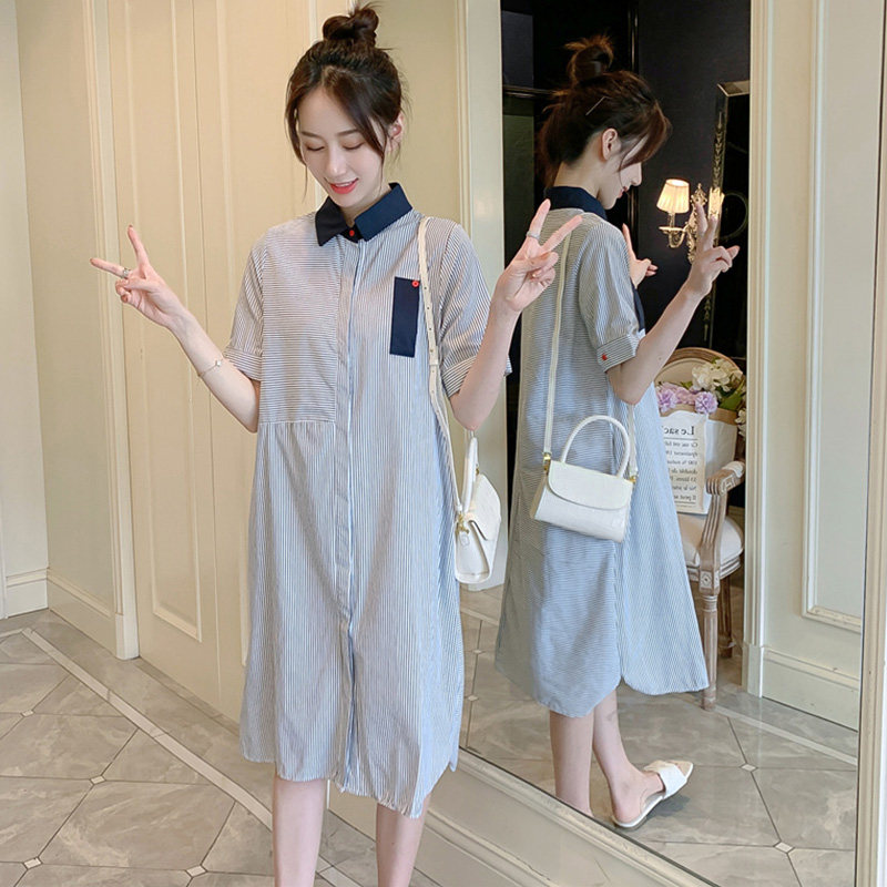 2024 MATERNITY SUMMER DRESS KOREAN VERSION NEW FASHION SHIRT TIDE MOM STRIPED LOOSE MIDI SHIRT DRESS TIDE