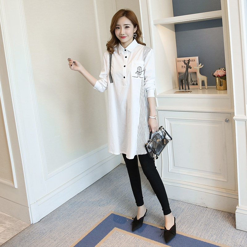 2024 SPRING MATERNITY KOREAN FASHION SHIRT LONG SLEEVE TOP MID LONG KOREAN LOOSE WOMENS COTTON SHIRT