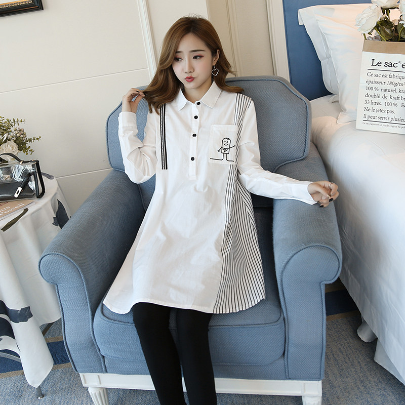 2024 SPRING MATERNITY KOREAN FASHION SHIRT LONG SLEEVE TOP MID LONG KOREAN LOOSE WOMENS COTTON SHIRT
