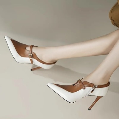 大码法式拼色高跟鞋新款气质性感尖头裸靴细跟小众深口单鞋女短靴