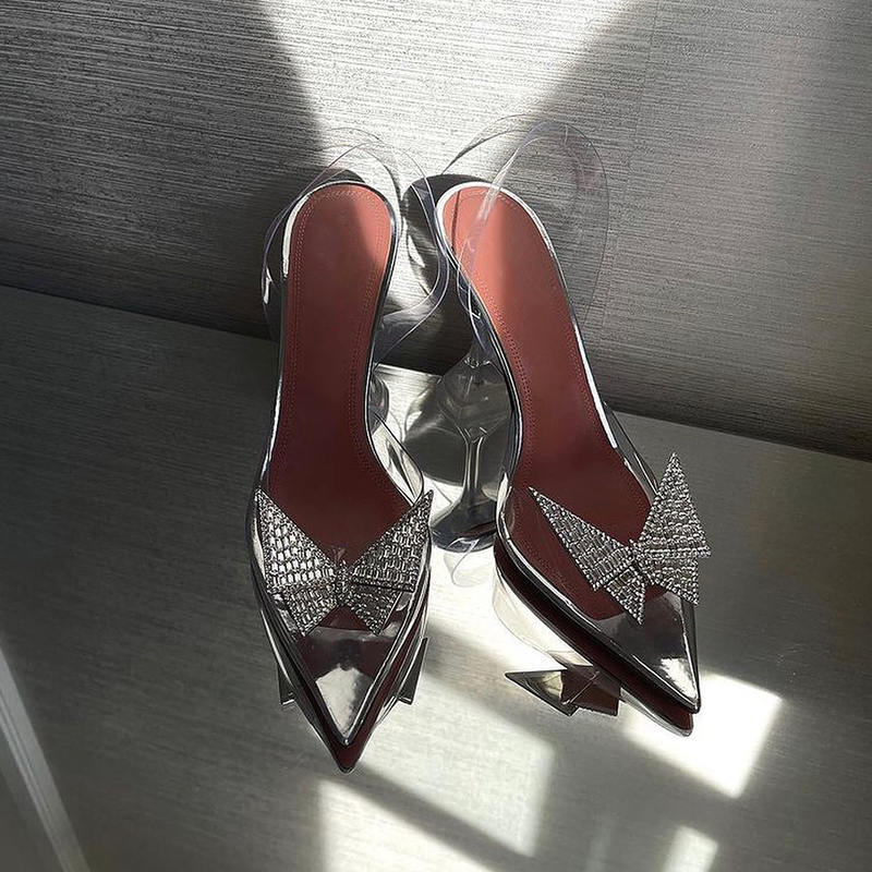 AMN水晶透明包头凉鞋女2023春夏新款性感闪钻蝴蝶扣尖头细高跟鞋