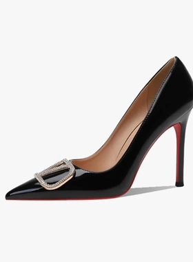 32-45码尖头细跟高跟鞋2024新款V家扣黑色性感红底水钻浅口单鞋女