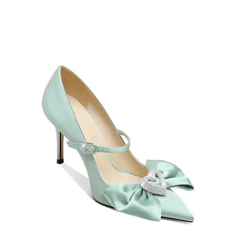 2025新款蝴蝶结性感尖头水钻法式高跟鞋细跟单鞋女黑色婚鞋