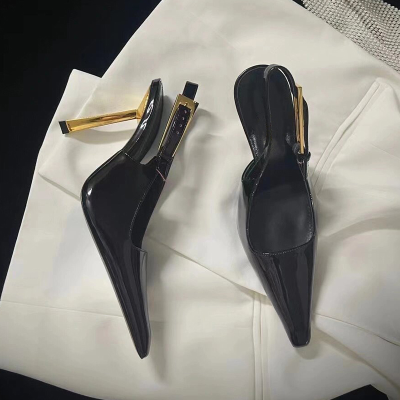 一字带金属扣后绊带凉鞋女2023秋季新款性感漆皮包头金色细高跟鞋