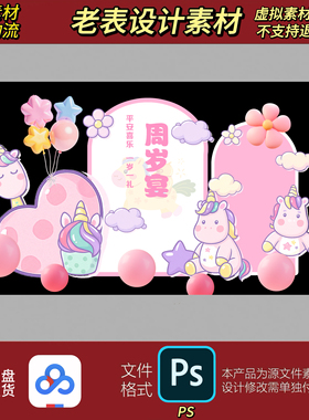 粉紫色马宝宝马年IP宝宝宴生日满月周岁派对背景设计素材