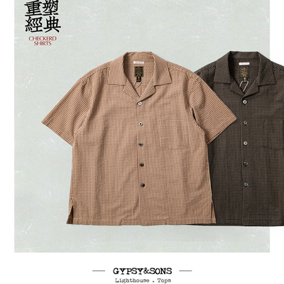 GypsySons清爽宜人复古穿搭有机棉泡泡纱短袖衬衫宽舒廓形格纹衫