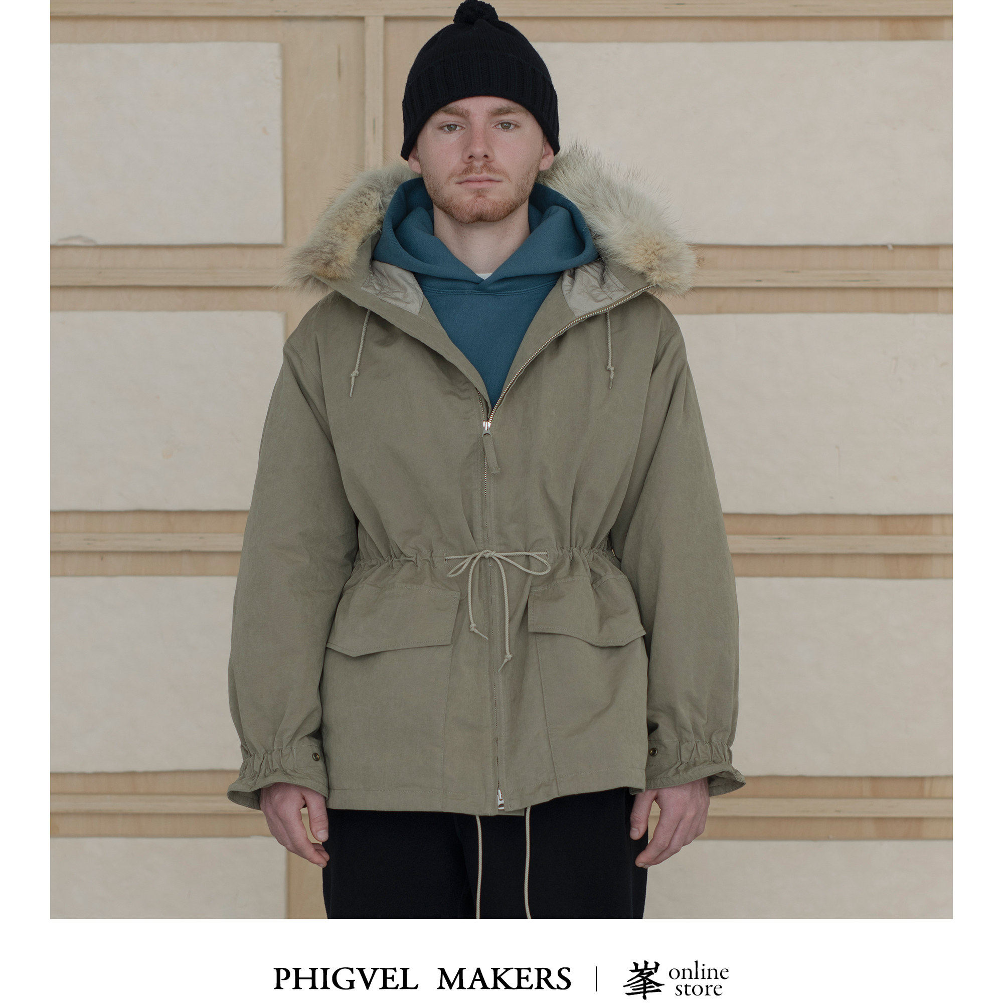 PHIGVEL MAKERS 蜡布夹克 可拆卸郊狼毛领 冬季保暖中长款