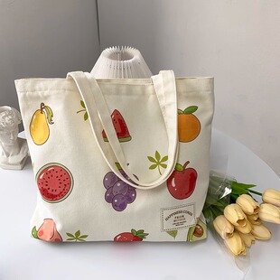 帆布包2025新款夏天女单肩小清新带拉链大容量学生上课装书手提袋