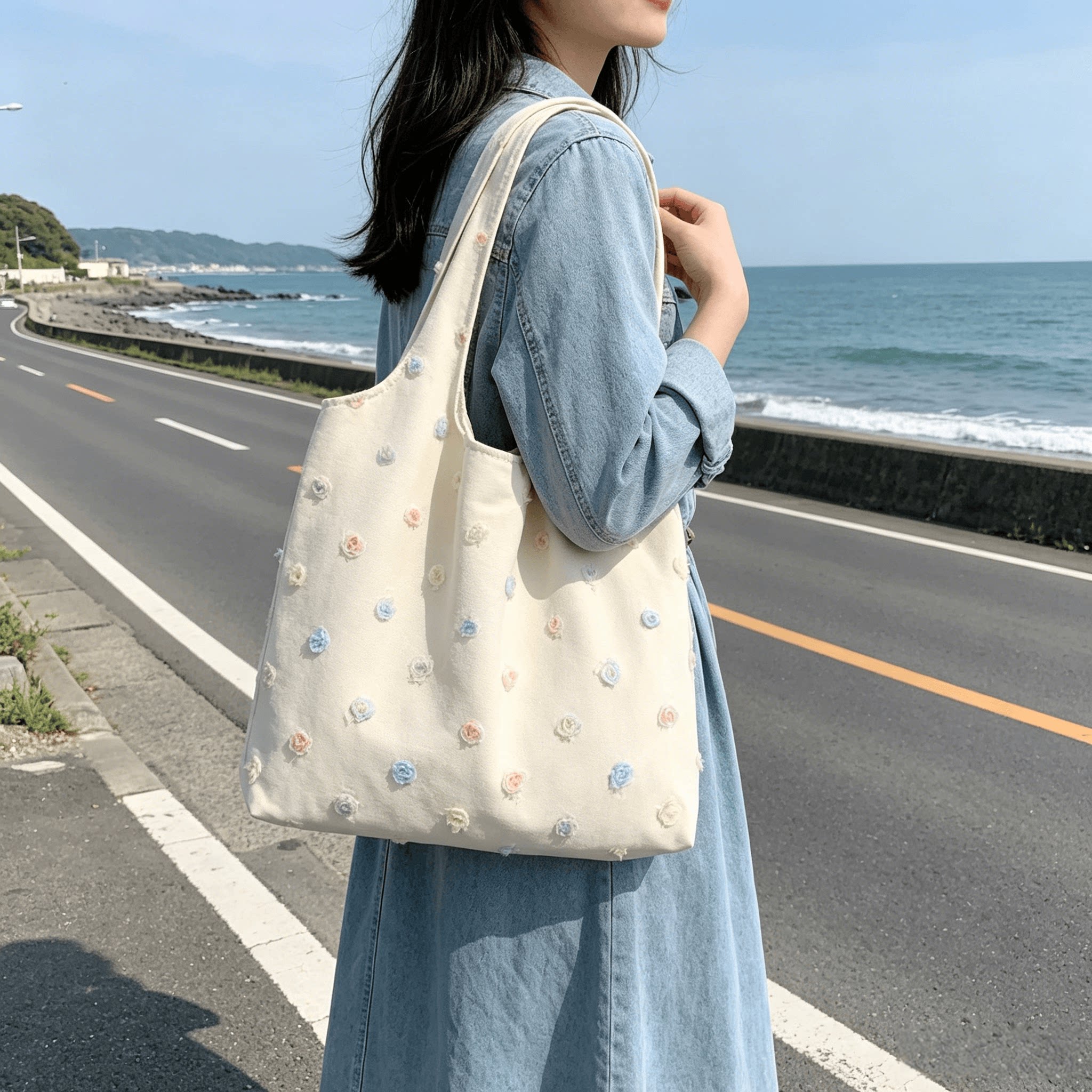 小清新绣花帆布托特包大容量