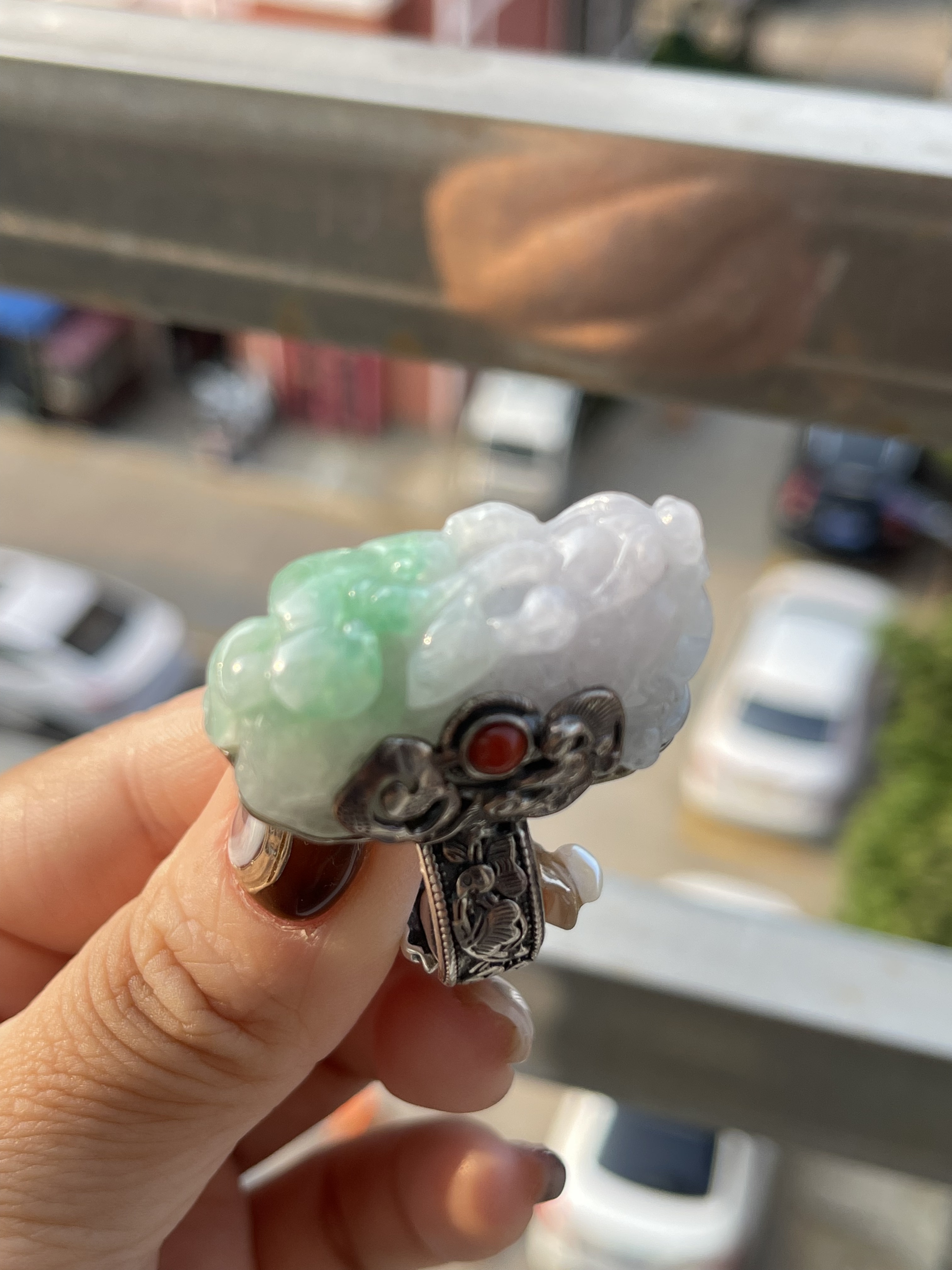 天然翡翠A货糯种白底青貔貅戒指台湾工复古银民族风宫廷款流苏