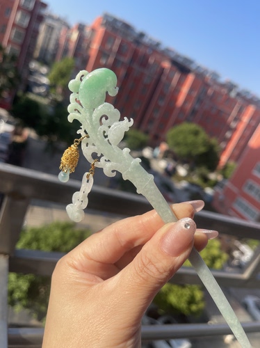 天然翡翠A货糯种白底青苹果绿发簪民族风发钗宫廷款步摇俏色巧雕