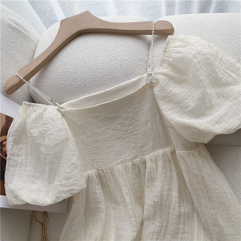 CLEARANCE PICK-UP LEAKAGE COUNTER WITHDRAWAL FOREIGN TRADE WOMENS CLOTHING BIG BRAND SQUARE NECK PUFF SLEEVE SMALL MAN ONE-SHOULDER SUSPENDER DRESS
