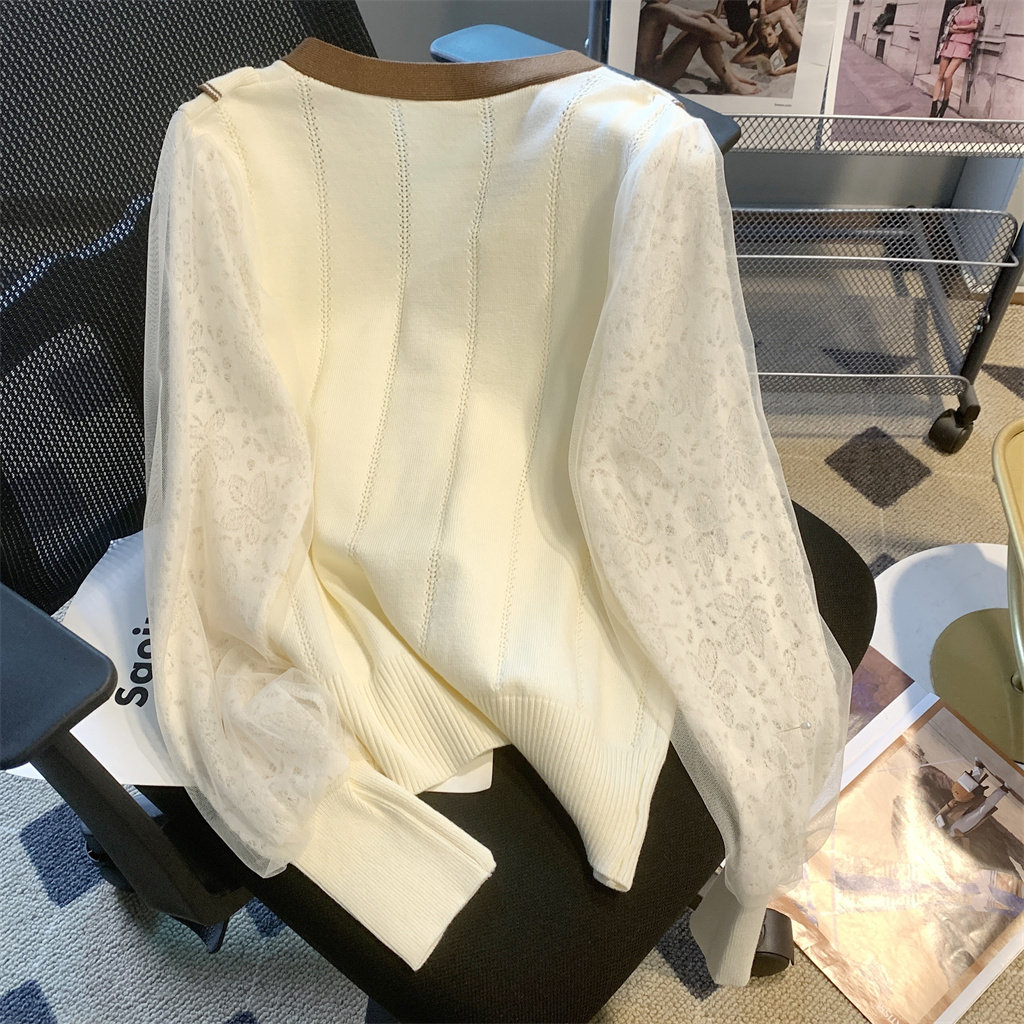 FRENCH VINTAGE SWEET MESH PANEL SHIRT WOMENS DESIGN SENSE NICHE LONG SLEEVE TOP BOW SWEATER KNIT
