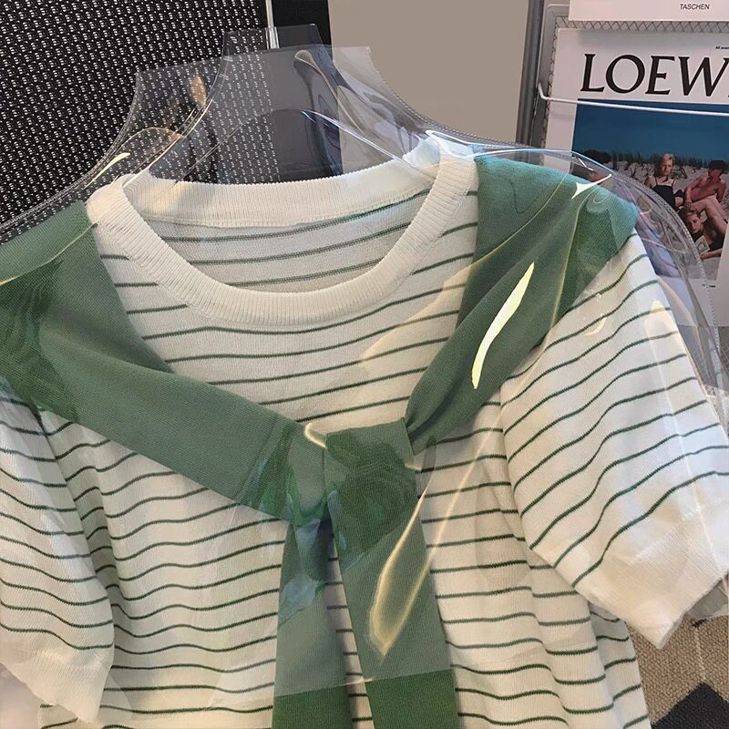 CLEARANCE PICK-UP COUNTER WITHDRAWAL WOMENS CLOTHING SHAWL FAKE TWO STRIPED ICE SILK KNITWEAR DESIGN SENSE SHORT-SLEEVED TOP