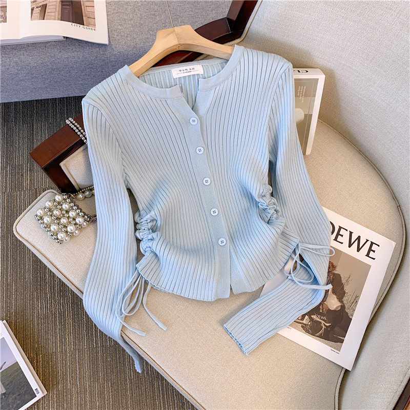 PURE DESIRE SWEET AND SPICY WIND DRAWSTRING LONG-SLEEVED KNITWEAR WOMENS AUTUMN SENSE OF LUXURY CHIC LAZY LITTLE MAN A TOP UNDER THE SHOULDER