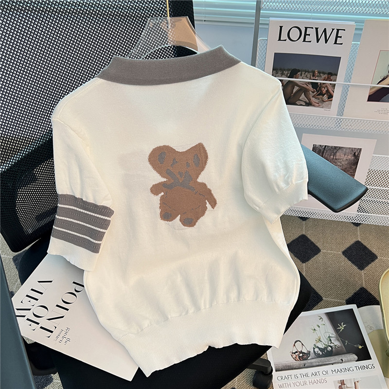 CLEARANCE PICK-UP LEAKAGE FOREIGN TRADE BIG BRAND CUT LABEL BEAR ICE SILK KNIT SWEATER WOMENS COLLEGE STYLE AGE REDUCTION THIN POLO NECK TOP