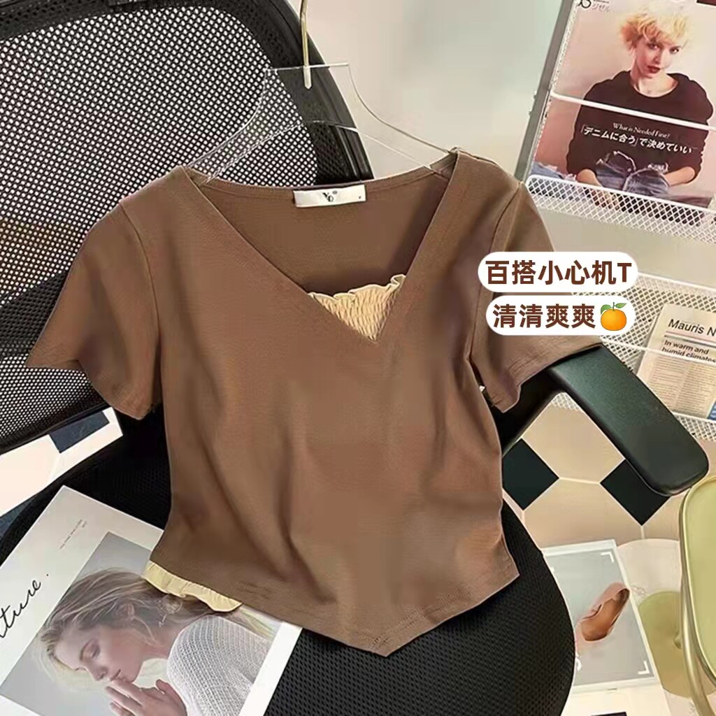 FOREIGN TRADE TAIL LIST BIG BRAND CUT LABEL REMOVE THE CABINET PICK UP THE LEAK PURE DESIRE WIND SHORT-SLEEVED T-SHIRT WOMENS SUMMER VACATION TWO CHIC SHORT TOPS