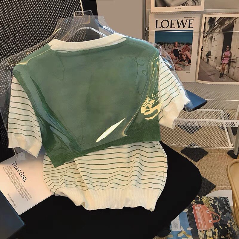 CLEARANCE PICK-UP COUNTER WITHDRAWAL WOMENS CLOTHING SHAWL FAKE TWO STRIPED ICE SILK KNITWEAR DESIGN SENSE SHORT-SLEEVED TOP