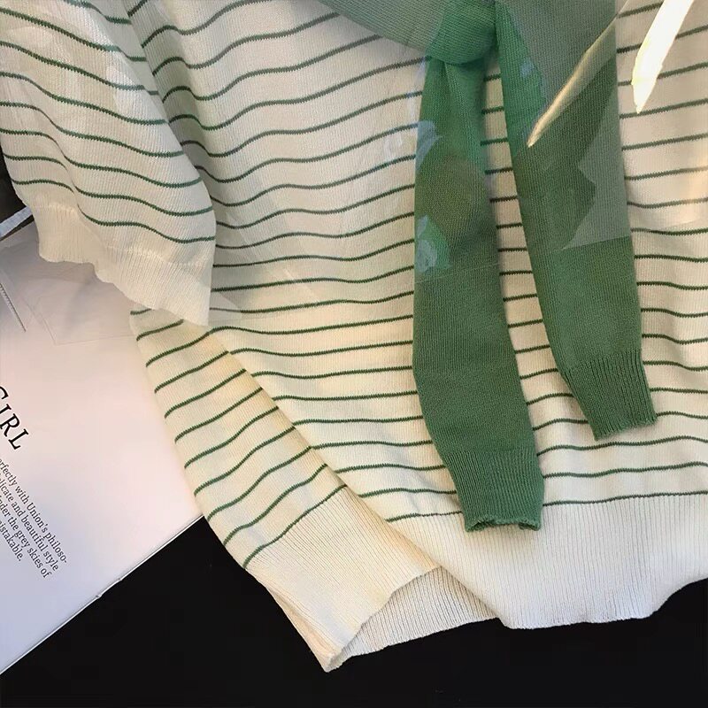 CLEARANCE PICK-UP COUNTER WITHDRAWAL WOMENS CLOTHING SHAWL FAKE TWO STRIPED ICE SILK KNITWEAR DESIGN SENSE SHORT-SLEEVED TOP