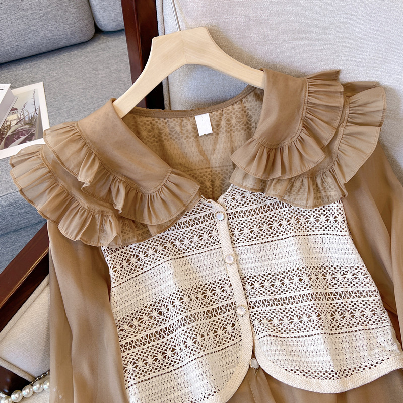 CLEARANCE PICKS UP BIG BRAND SPRING AND AUTUMN FRENCH DOUBLE-LAYER DOLL COLLAR SHIRT WOMENS DESIGN SENSE HOLLOW CROCHET VEST FAKE TWO PIECES