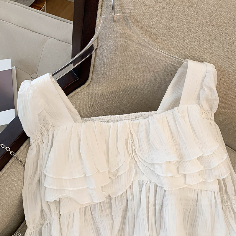 CLEARANCE PICKS UP BIG BRANDS EARLY AUTUMN FRENCH RUFFLED CHIFFON SHIRT WOMENS DESIGN SENSE NICHE CROPPED SQUARE NECK TOP