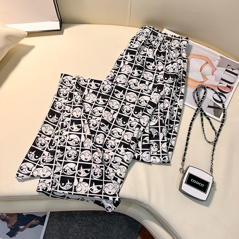 CLEARANCE PICKS UP BIG-NAME CARTOON PRINT WIDE-LEG PANTS WOMENS SUMMER THIN HIGH-WAISTED SLIM CHECKERBOARD CASUAL STRAIGHT-LEG PANTS