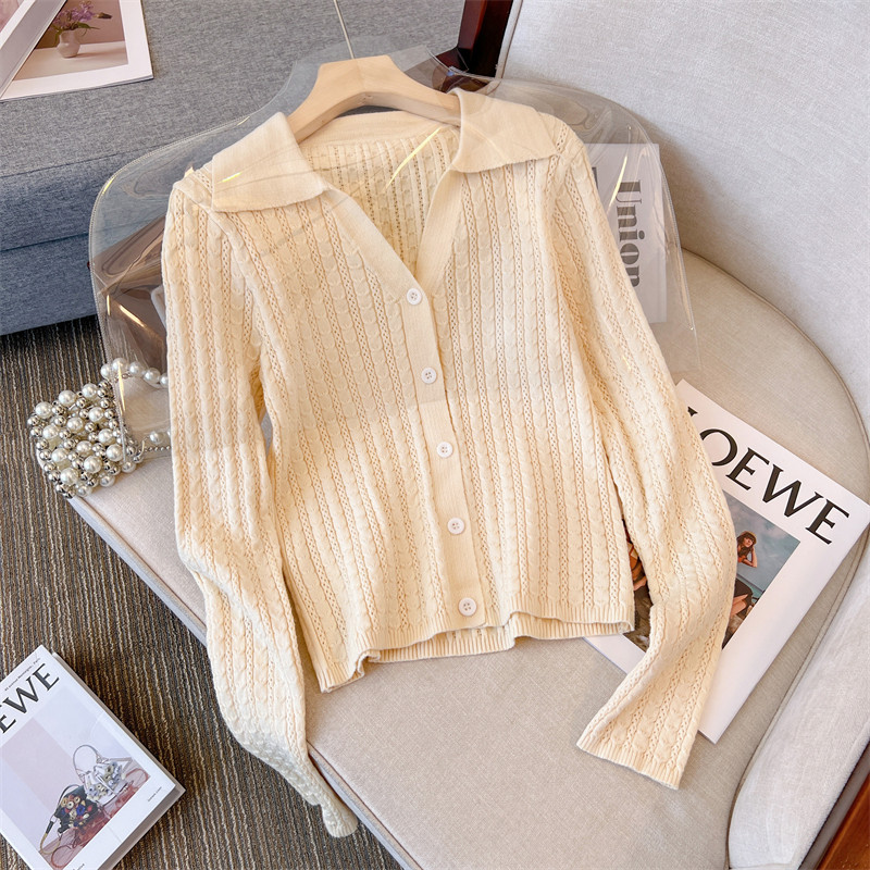 BIG BRANDS PICK UP THE KOREAN INS-STYLE POLO NECK KNITTED CARDIGAN WOMENS 2024 NEW FRENCH HIGH-QUALITY SWEATER JACKET