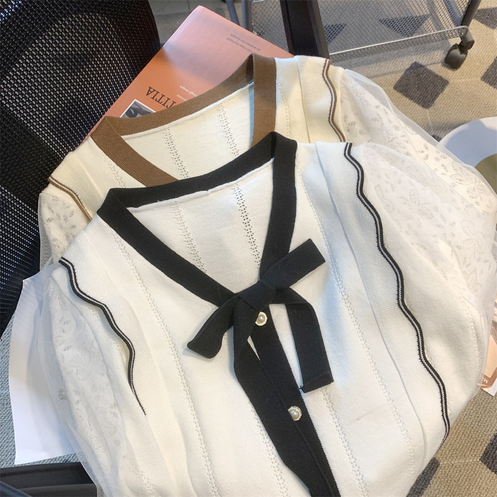 FRENCH VINTAGE SWEET MESH PANEL SHIRT WOMENS DESIGN SENSE NICHE LONG SLEEVE TOP BOW SWEATER KNIT