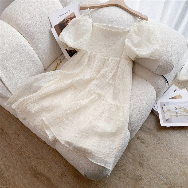 CLEARANCE PICK-UP LEAKAGE COUNTER WITHDRAWAL FOREIGN TRADE WOMENS CLOTHING BIG BRAND SQUARE NECK PUFF SLEEVE SMALL MAN ONE-SHOULDER SUSPENDER DRESS