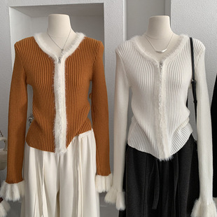 女 欧玛莱 上衣秋冬毛衣针织打底衫 喇叭长袖 5853 毛边拼接收腰修身