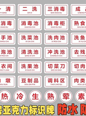 厨房亚克力标识牌一清二洗三消毒标示贴成品半成品已消毒洗菜池洗肉池清洗池分类牌更衣间热冷生熟荤素提示牌