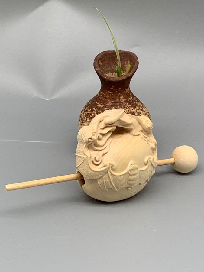 大叶黄杨木蝙蝠木鱼摆件