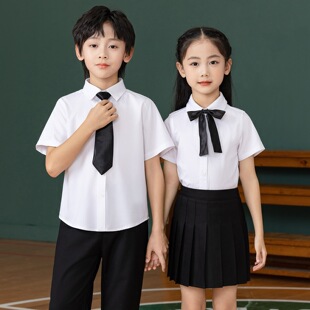 儿童白衬衫合唱演出服夏季薄款男童表演服女童短袖衬衣黑裤子套装