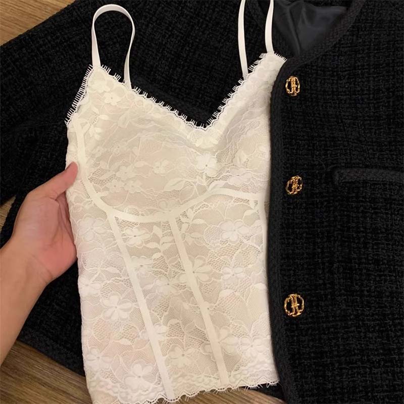 秋冬磨毛发热保暖内衣女带胸垫免穿文胸纯欲蕾丝吊带背心内搭上衣