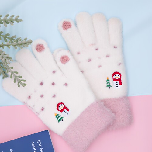 雪人可爱图案手套女保暖毛绒舒适