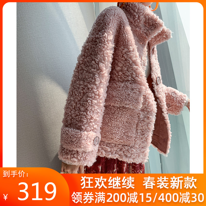 短款羊剪绒大衣女2020新款冬欧美皮毛一体短皮草卡拉卷羊羔毛外套
