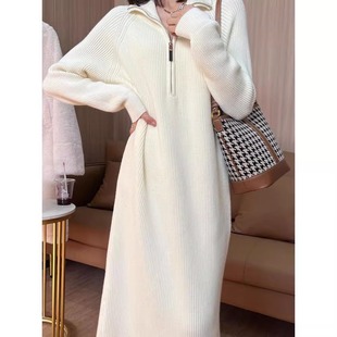 秋冬季法式中长款毛衣裙翻领拉链内搭针织卫衣连衣裙女配大衣打底