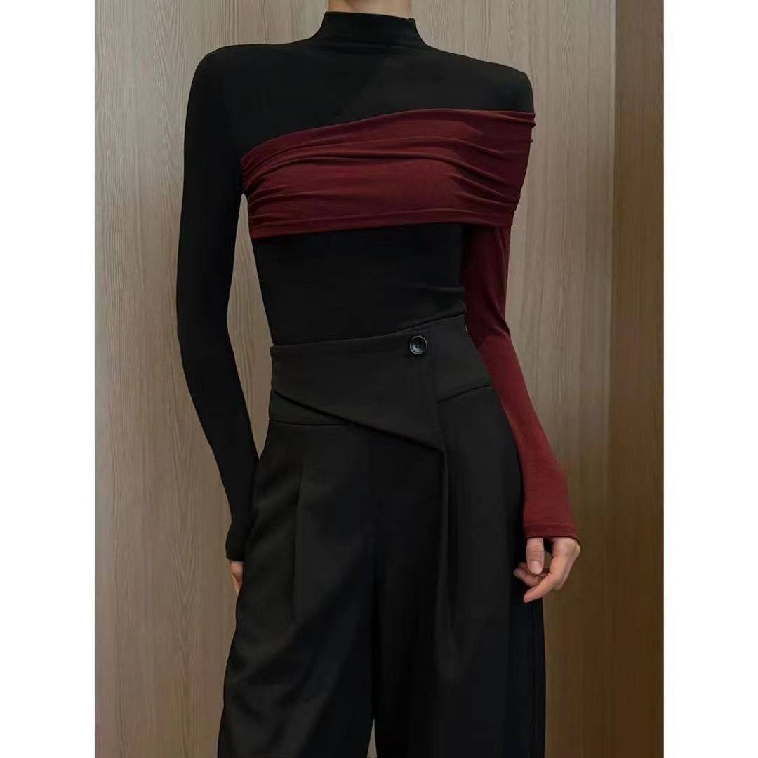 安可拉红纯欲性感长袖T恤女秋冬新款半高领显瘦撞色内搭打底衫女,女装/女士精品,大码内搭,淘宝优惠券,粉丝福利购,淘宝优惠卷